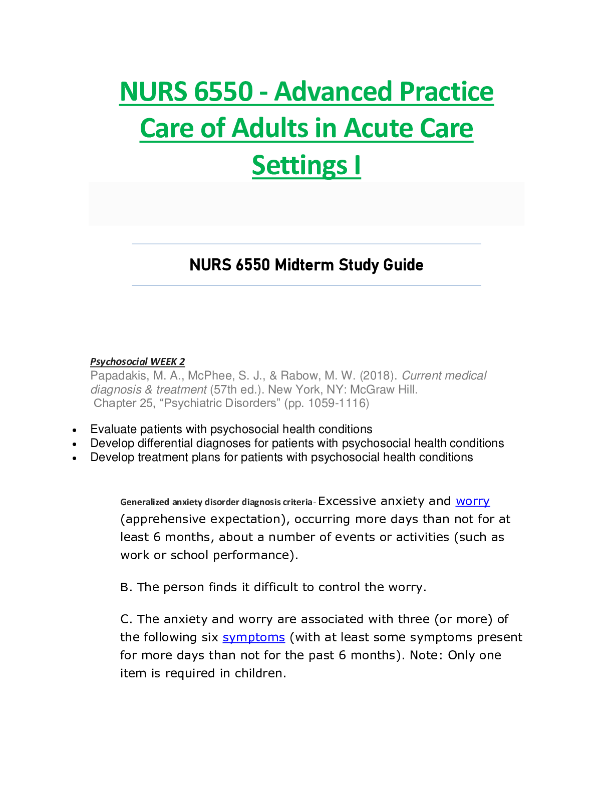 Preview of NURS6550 / NURS 6550 Midterm Study Guide  : Advanced Practice Care of Adults in Acute Care